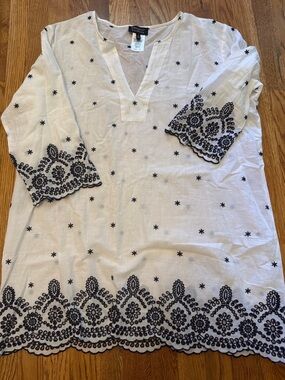 Talbots White Cotton Tunic swim miracle suit cover up with Navy Embroidery XL 🌸